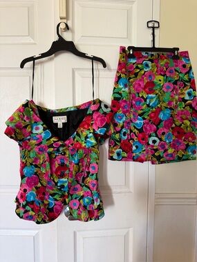 Vintage A.J. Bari Petites 100% Silk Floral Skirt Suit - Size 8